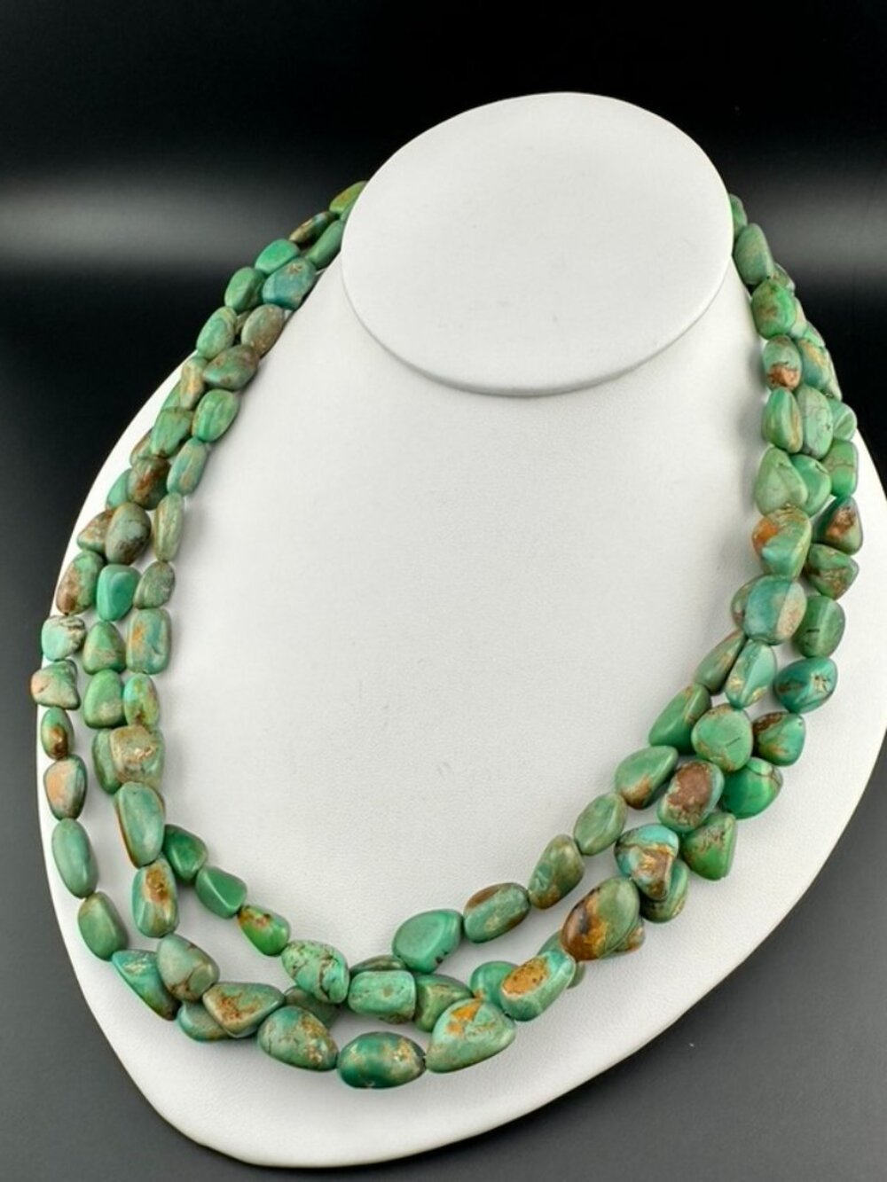 3 Strand Natural Green Turquoise Nugget Bead Sterling Silver Bib Necklace - Picture 2 of 6